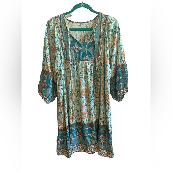 Dresses & Skirts - Floral summer dress teal and mint with gold and white flower design size L